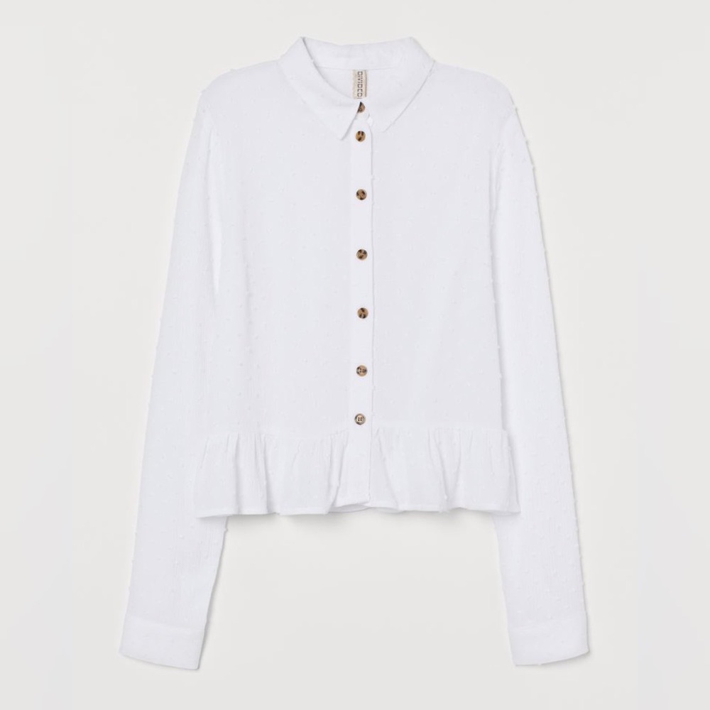 H&M Ruffled Plumeti Blouse, White, 3XS